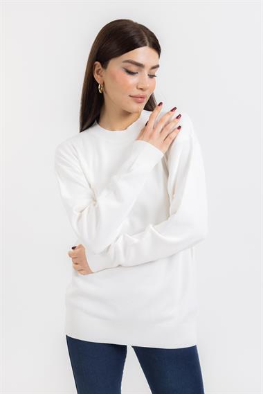 Zr Unisex 0 Yaka Düz U.Kol Kazak Beyaz