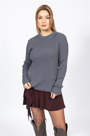 Vs Kadın 0 Yaka Saç Örgü U.Kol Kazak Trk FÜME