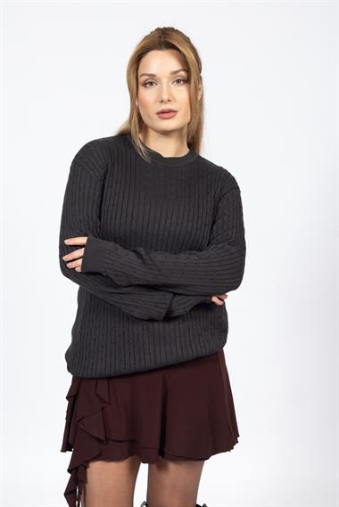 Vs Kadın 0 Yaka Saç Örgü U.Kol Kazak Trk ANTRASİT