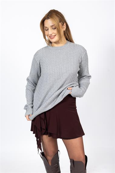 Vs Kadın 0 Yaka Saç Örgü U.Kol Kazak Trk GRİ