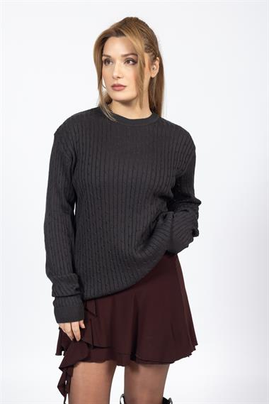 Vs Kadın 0 Yaka Saç Örgü U.Kol Kazak Trk ANTRASİT