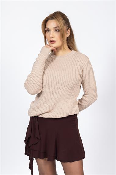 Vs Kadın 0 Yaka Saç Örgü U.Kol Kazak Trk BEJ