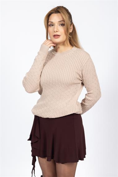 Vs Kadın 0 Yaka Saç Örgü U.Kol Kazak Trk BEJ