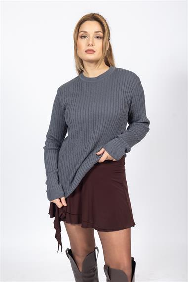 Vs Kadın 0 Yaka Saç Örgü U.Kol Kazak Trk FÜME