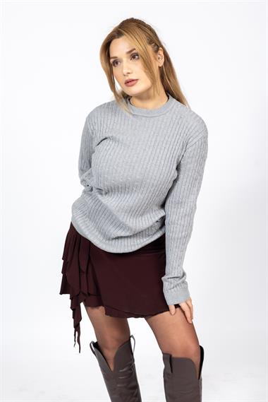 Vs Kadın 0 Yaka Saç Örgü U.Kol Kazak Trk GRİ