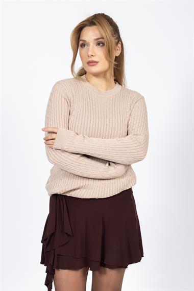 Vs Kadın 0 Yaka Saç Örgü U.Kol Kazak Trk BEJ