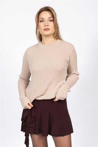 Vs Kadın 0 Yaka Saç Örgü U.Kol Kazak Trk BEJ