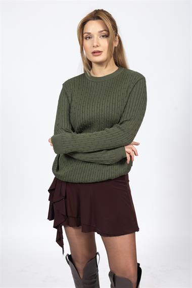 Vs Kadın 0 Yaka Saç Örgü U.Kol Kazak Trk YEŞİL