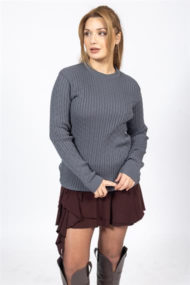 Vs Kadın 0 Yaka Saç Örgü U.Kol Kazak Trk FÜME