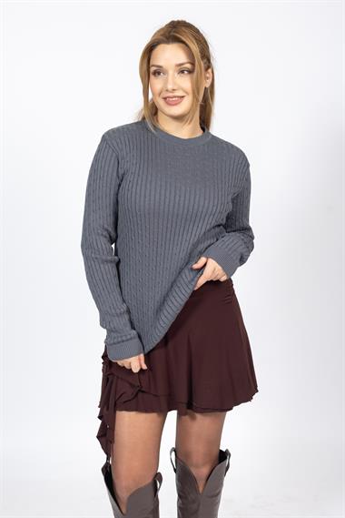 Vs Kadın 0 Yaka Saç Örgü U.Kol Kazak Trk FÜME