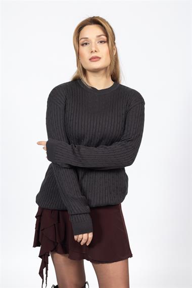 Vs Kadın 0 Yaka Saç Örgü U.Kol Kazak Trk ANTRASİT
