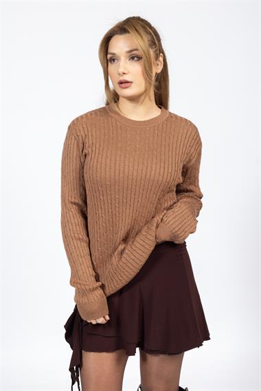Vs Kadın 0 Yaka Saç Örgü U.Kol Kazak Trk S.KAHVE