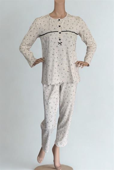 Vs Bayan Desenli Güpürlü 4 Dügmeli Penye U.kol Pijama Takımı 26k Evm Krem Çiçek Desenli