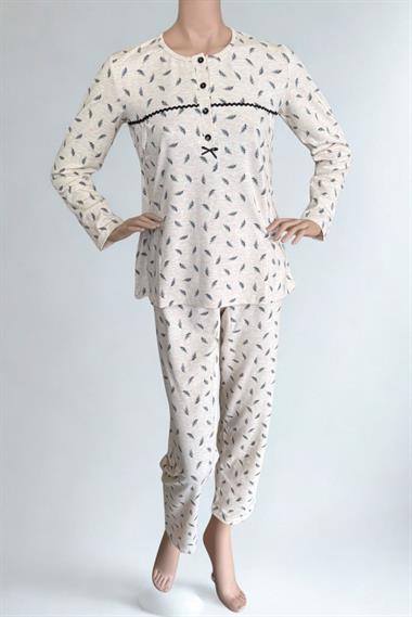 Vs Bayan Desenli Güpürlü 4 Dügmeli Penye U.kol Pijama Takımı 26k Evm Krem Tüy Desenli