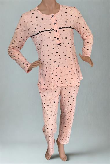 Vs Bayan Desenli Güpürlü 4 Dügmeli Penye U.kol Pijama Takımı 26k Evm Pembe/kalp desenli