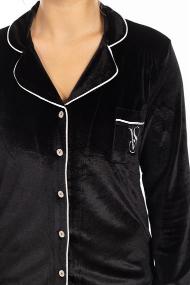 Vs Kadın Desenli Kadife U.Kol Pijama Takım 22k Evm SİYAH