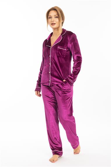 Vs Kadın Desenli Kadife U.Kol Pijama Takım 22k Evm FUŞYA