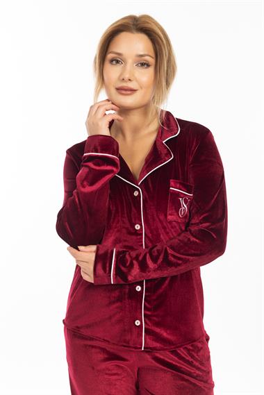Vs Kadın Desenli Kadife U.Kol Pijama Takım 22k Evm BORDO