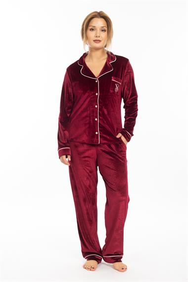 Vs Kadın Desenli Kadife U.Kol Pijama Takım 22k Evm BORDO