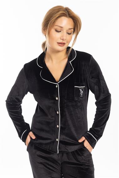 Vs Kadın Desenli Kadife U.Kol Pijama Takım 22k Evm SİYAH