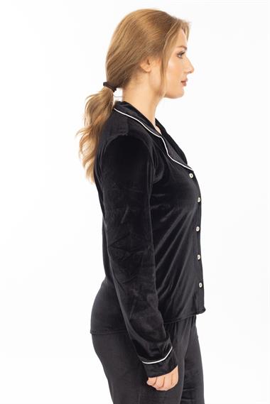 Vs Kadın Desenli Kadife U.Kol Pijama Takım 22k Evm SİYAH