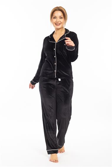 Vs Kadın Desenli Kadife U.Kol Pijama Takım 22k Evm SİYAH