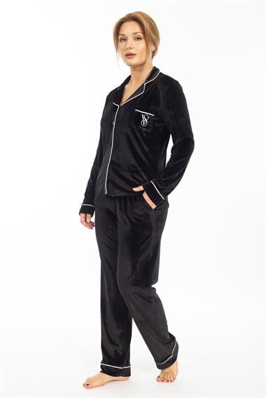 Vs Kadın Desenli Kadife U.Kol Pijama Takım 22k Evm SİYAH