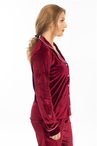 Vs Kadın Desenli Kadife U.Kol Pijama Takım 22k Evm BORDO