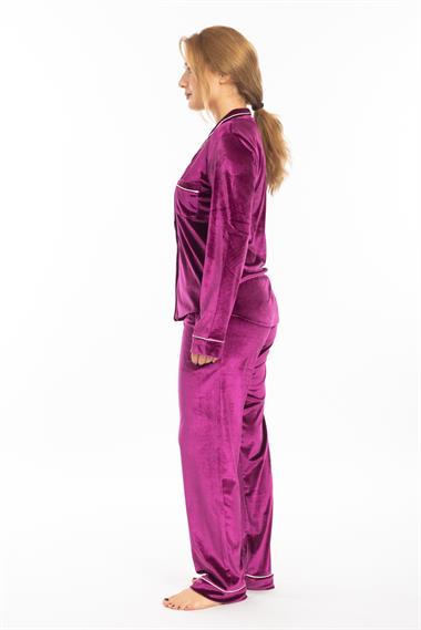 Vs Kadın Desenli Kadife U.Kol Pijama Takım 22k Evm FUŞYA