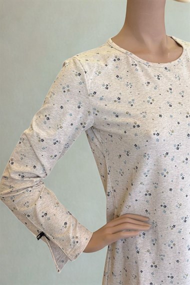 Vs Bayan Desenli O Yaka Penye U.kol Gecelik 26k Evm Krem Yeşil Çiçekli