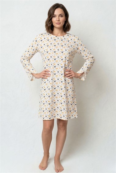 Vs Bayan Desenli O Yaka Penye U.kol Gecelik 26k Evm Beyaz Hayvan figurlu