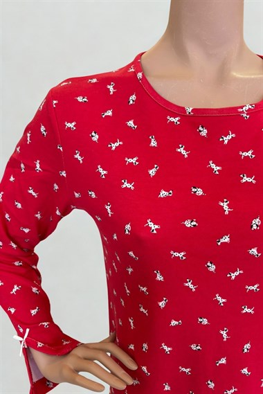 Vs Bayan Desenli O Yaka Penye U.kol Gecelik 26k Evm Kırmızı Köpek Desenli