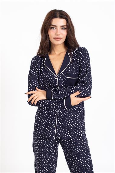 Vs Kadın Desenli Pamuk Saten U.Kol Pijama Takım LACİVERT/PUANLI