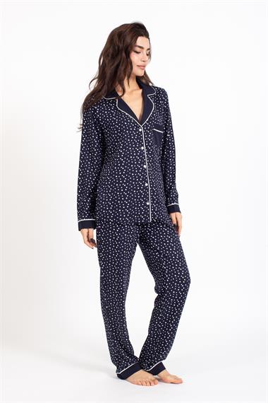 Vs Kadın Desenli Pamuk Saten U.Kol Pijama Takım LACİVERT/PUANLI