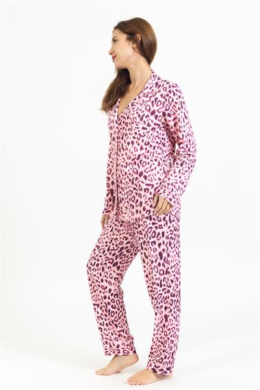Vs Kadın Desenli Pamuk Saten U.Kol Pijama Takım pembe leopar
