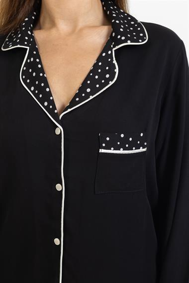 Vs Kadın Desenli Pamuk Saten U.Kol Pijama Takım siyah/altı puanlı