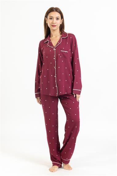 Vs Kadın Desenli Pamuk Saten U.Kol Pijama Takım bordo/yıldız desenli