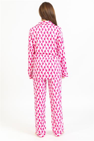 Vs Kadın Desenli Pamuk Saten U.Kol Pijama Takım pembe/fuşya kalpli