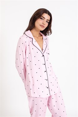 Vs Kadın Desenli Pamuk Saten U.Kol Pijama Takım pembe/siyah kalpli
