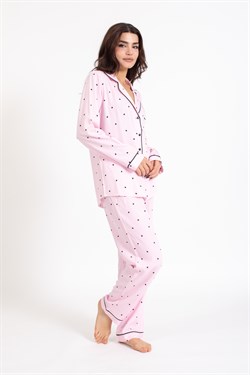 Vs Kadın Desenli Pamuk Saten U.Kol Pijama Takım pembe/siyah kalpli