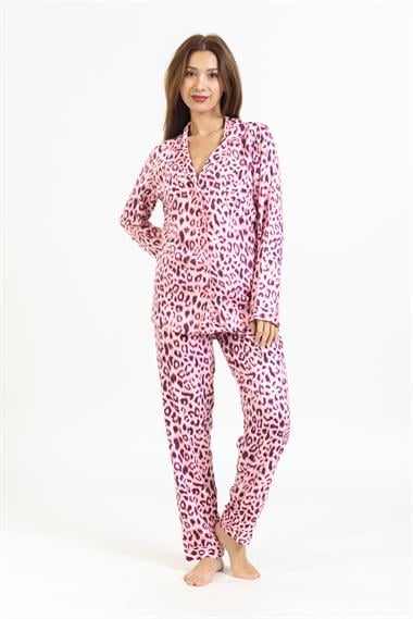 Vs Kadın Desenli Pamuk Saten U.Kol Pijama Takım pembe leopar