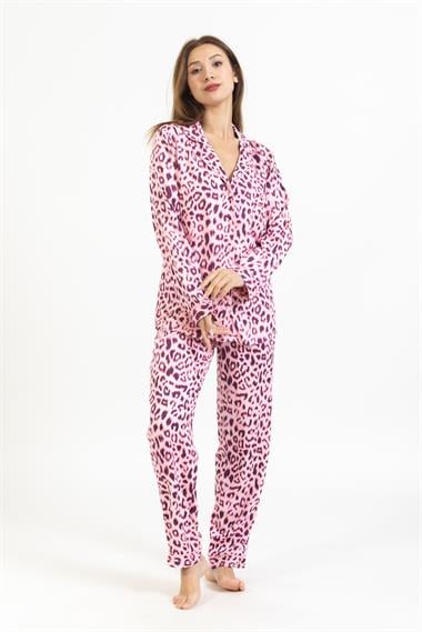 Vs Kadın Desenli Pamuk Saten U.Kol Pijama Takım pembe leopar