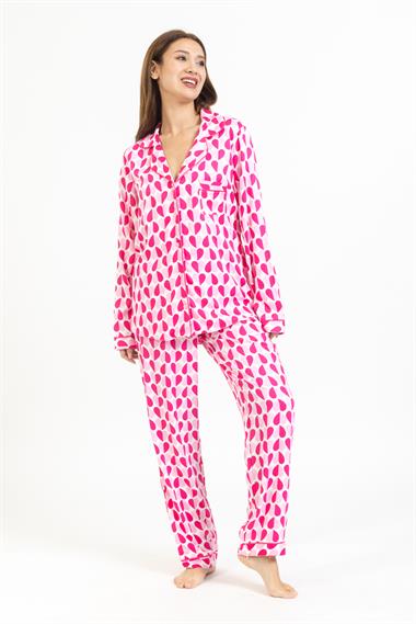 Vs Kadın Desenli Pamuk Saten U.Kol Pijama Takım pembe/fuşya kalpli