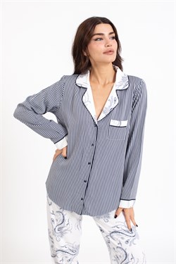 Vs Kadın Desenli Pamuk Saten U.Kol Pijama Takım LACİVERT/BEYAZ ÇİZGİLİ