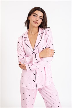 Vs Kadın Desenli Pamuk Saten U.Kol Pijama Takım pembe/siyah kalpli