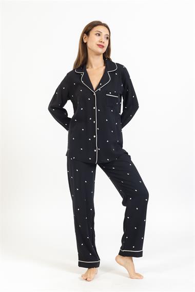 Vs Kadın Desenli Pamuk Saten U.Kol Pijama Takım siyah/kalp desenli
