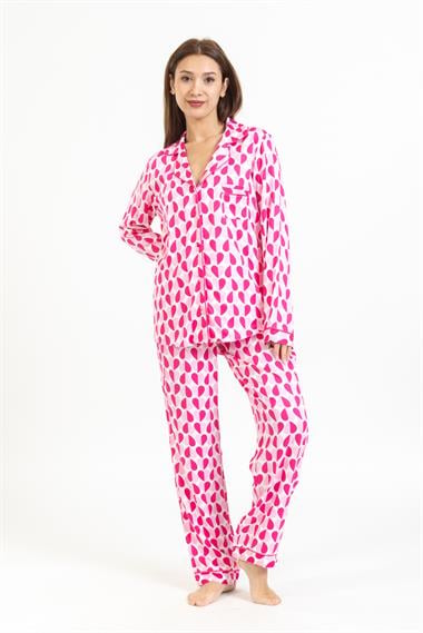 Vs Kadın Desenli Pamuk Saten U.Kol Pijama Takım pembe/fuşya kalpli