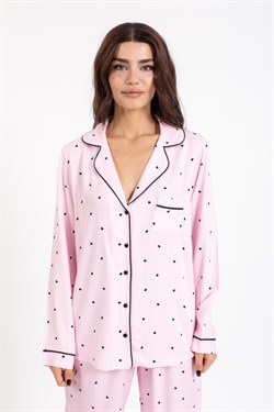 Vs Kadın Desenli Pamuk Saten U.Kol Pijama Takım pembe/siyah kalpli