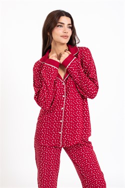 Vs Kadın Desenli Pamuk Saten U.Kol Pijama Takım bordo/beyaz puanlı