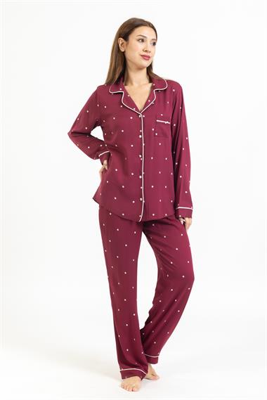 Vs Kadın Desenli Pamuk Saten U.Kol Pijama Takım bordo/yıldız desenli